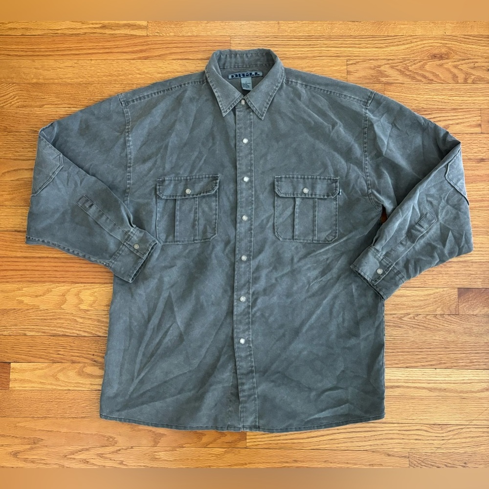DRILL Shirt Men’s Large Gray Button Down Microfiber Top Pockets Flaws Shown Pics